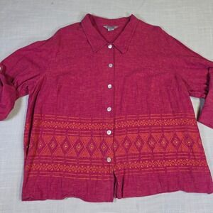 Stonebridge Magenta Pink Linen Blend Embroidered Beaded Roll Tab Shirt 3X